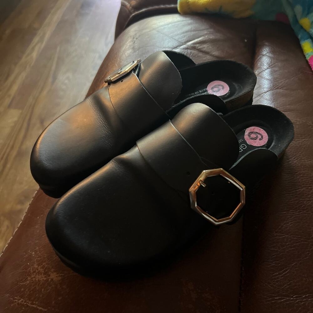 Black leather clogs with Gold Accent Buckle by Paul Green